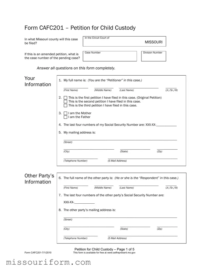 Fill in a Valid Cafc201 Missouri Form