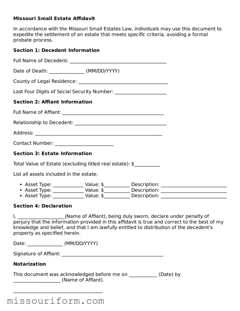 Attorney-Approved  Small Estate Affidavit Document for Missouri