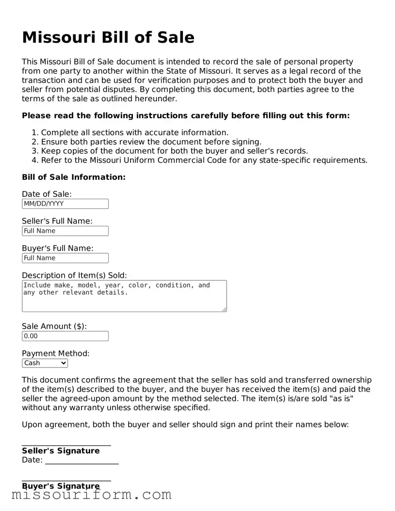 Attorney-Approved  Bill of Sale Document for Missouri