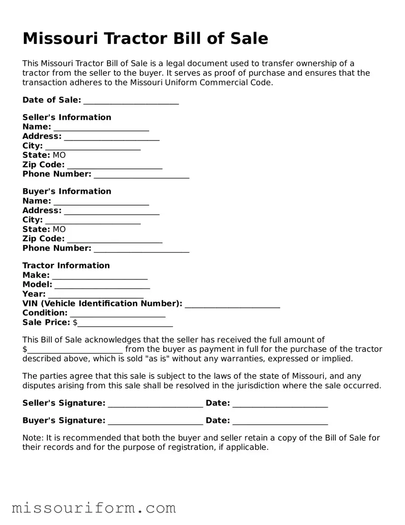 Attorney-Approved  Tractor Bill of Sale Document for Missouri