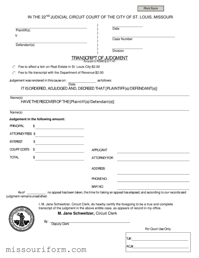 Fill in a Valid Missouri Transcript Of Judgment Form