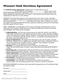 Attorney-Approved  Hold Harmless Agreement Document for Missouri